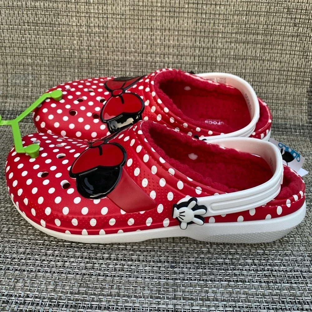 CROCS Disney Minnie Mouse Big Girls Fur Lined Red Bow White Polka Dot Clog Sz j5
